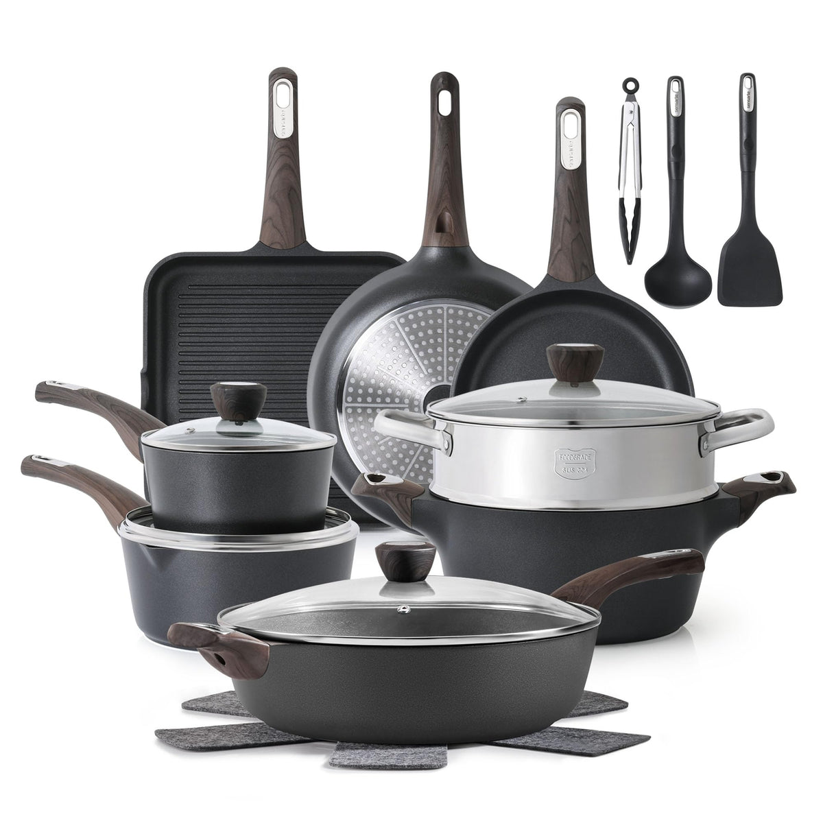 SENSARTE Pots and Pans Set Nonstick, 20 Pcs Induction Cookware Sets, Non-toxic Healthy Non Stick Kitchen Cooking Set with Stay-Cool Handles, PFOA PFOS Free, Black