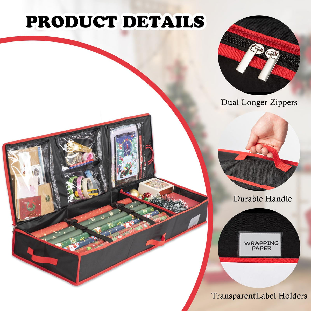 Wrapping Paper Organizer Storage for Christmas Gifts Wrapping Paper Storage, 600D Oxford Fits Ribbon, Ornaments, Holiday Accessories Flexible Partitions and Pockets （Black）