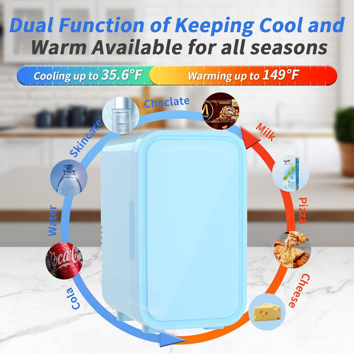 YASHE Mini Fridge, 6 Liter/8 Can 110V AC/DC Portable Thermoelectric Cooler Refrigerators for Bedroom, Skincare, Beverage, Office, Dorm Room and Car, Blue