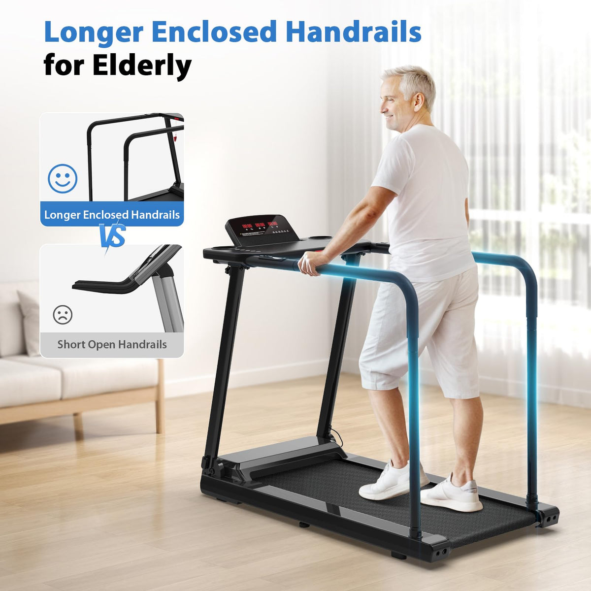 CIIHI Walking Treadmill for Senior - 350 lbs Senior Treadmill for Home with Long Handrails - Recovery Fitness Exercise Machine for Elder with Desk Workstation, Bluetooth Speaker