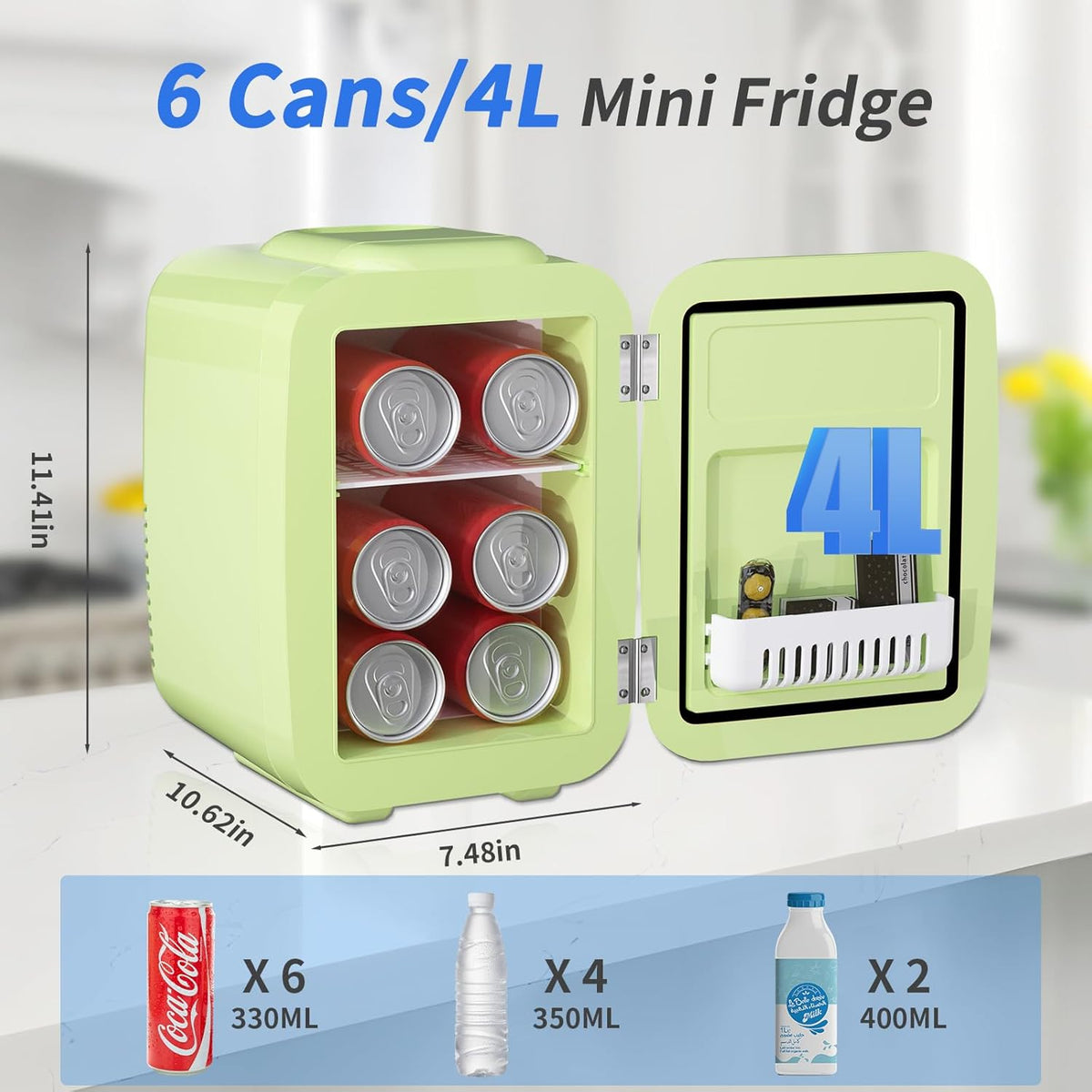 YASHE Mini Fridge for Bedroom, 4 Liter/6 Cans Small Refrigerator, 110V AC/ 12V DC Thermoelectric Cooler and Warmer for Drink Office Dorm Car, Green