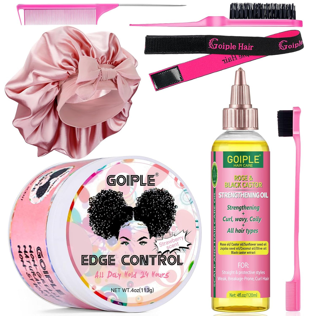 Edge Control Wax Strong Hold Non-greasy Hair Styling Gel - Edge Wax No Flaking Edge Control for Black Hair Edge Wax for Women Rose&Black Castor Oil for Hair Growth Edge Brush Hair Braid Bonnet