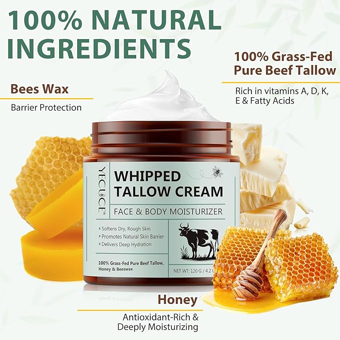 Beef Tallow for Skin, Tallow Face Moisturizer 4.2 Oz, Tallow and Honey Balm, Fast Absorption and Deeply Moisturizing for Face & Body, Organic Grass Fed Beef Tallow with Honey Cream