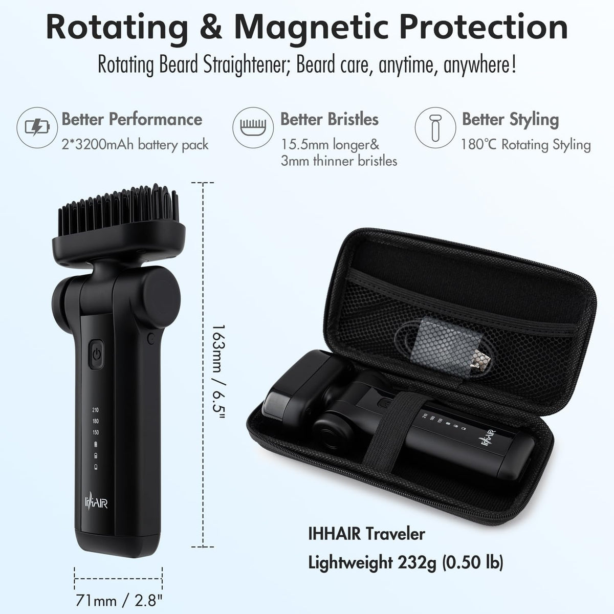 Portable Beard Straightener Brush Men Use,USB Rechargeable,6400mAh Battery,360° Anti-Scald Heated Comb,Fast Heating,Beard Straightener Brush for Short & Long Beards,Ideal for Home & Travel