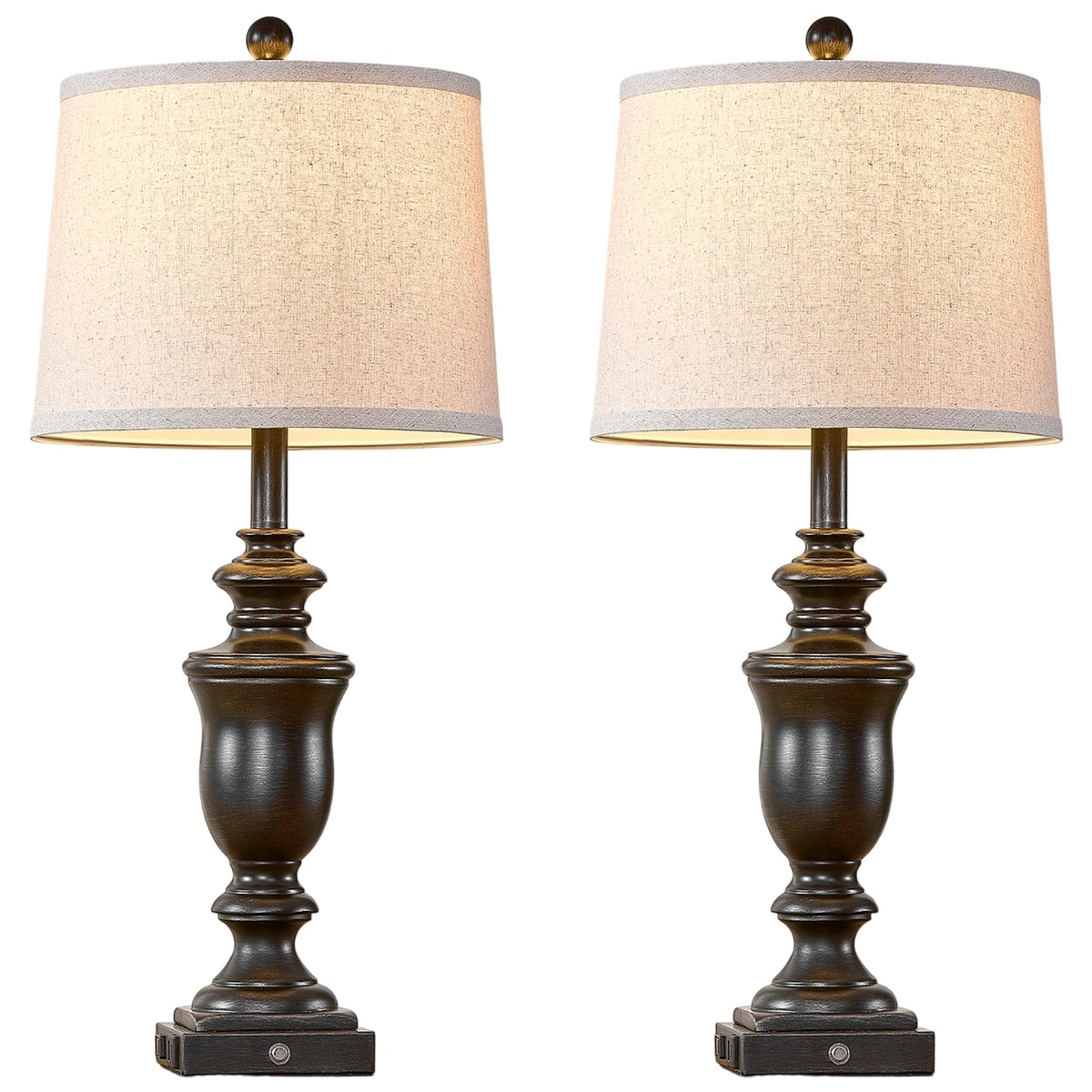 SAIWEYA 27.5" Set of 2 Farmhouse Table Lamps for Bedroom, 3 Way Dimmable Bedside Lamp with 2 USB +AC Outlet Nightstand Lamps for Living Room Resin Rustic Touch Lamps (Antique Black)