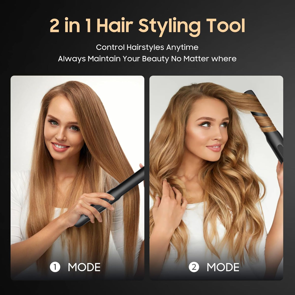 Cordless Hair Straightener and Curler 2 in 1, Titanium Flat Iron with Fast Heating, 4 Adjustable Temperature, Rechargeable Straightener for All Hair Types, Portable Styler for Travel (Black)
