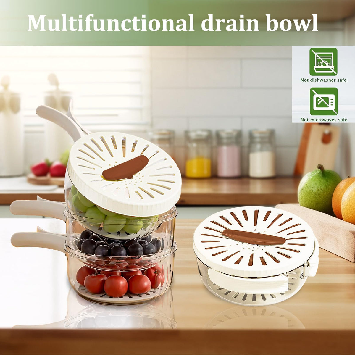 Large MultiPurpose Fruit Strainer Drain Basket with Lid & Collapsible Handle,2 in 1 Draining and Preservation Basket, Fruit Washing Bowl with Strainer for Fridge Freshness and Outdoor Picnics(Brown)