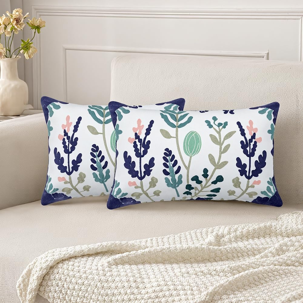 kittmin Summer Embroidered Outdoor Throw Pillow Covers – Set of 2, 12x20 Inch, Cotton, Botanical Floral Cushion Cases, Blue & Green Decorative Lumbar Pillows for Patio, Sofa, Bed & Couch(Leaf)