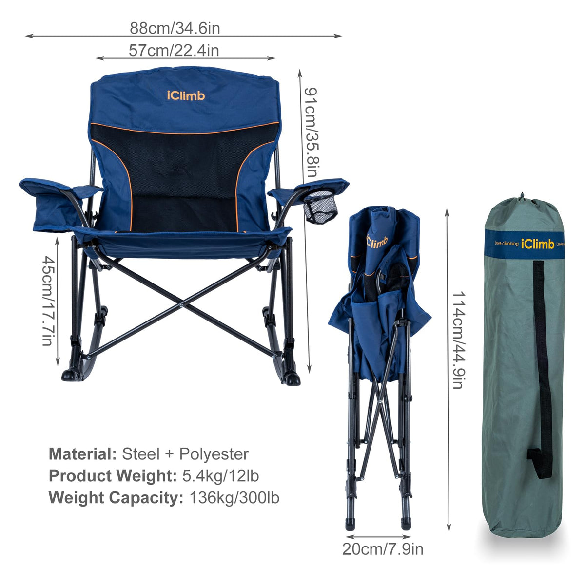 iClimb Padded Folding Rocking Chair Heavy Duty Camping Patio Porch Backyard Lawn Garden Balcony Rocker Indoor Outdoor with Carry Bag
