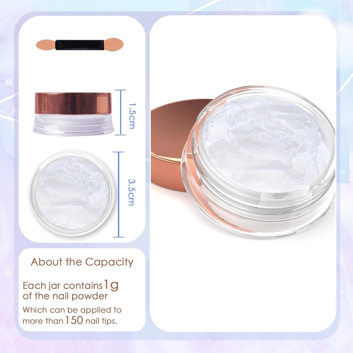 Laza White Chrome Powder Glazed Donut Metallic Effect Pigment Shimmer Mica Iridescent Aurora Glitter Fairy Dust Gel Nail Art Supplies for Techs - Pearlescent White