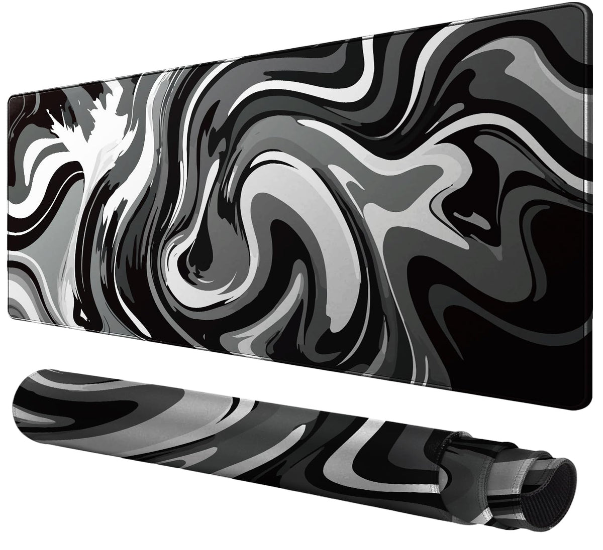 Large Gaming Mouse Pad - Black and White Mouse Pad with Stitched Edges, Extended XL Mousepad with Anti-Slip Rubber Base, Ink Liquid Wave Desk Mat for Keyboard and Mouse(31.5x15.8 inch)