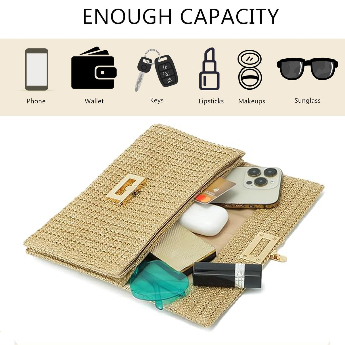 FantasyBear Summer Straw Cluth for women,Rattan Handbags for Women Wicker Purses for Vacation Beach (Multicolour With Chain)