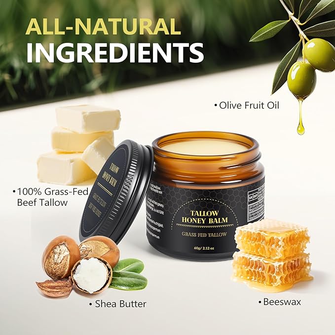 JUANCHI Beef Tallow for Skin, Tallow and Honey Balm for Face, Grass Fed Beef Tallow for Face & Body, Deeply Nourishing, Soothes Dry Skin (60g/2.12oz)