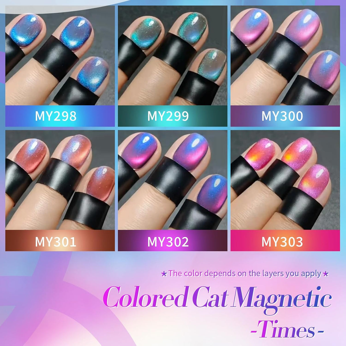 Born Pretty Magnetic Gel Nail Polish Set,Purple Blue Cat Magnetic Eye Gel Jelly Glass Crystal Magnetic Gel Polish Nail Art Manicure Kit 6PCS