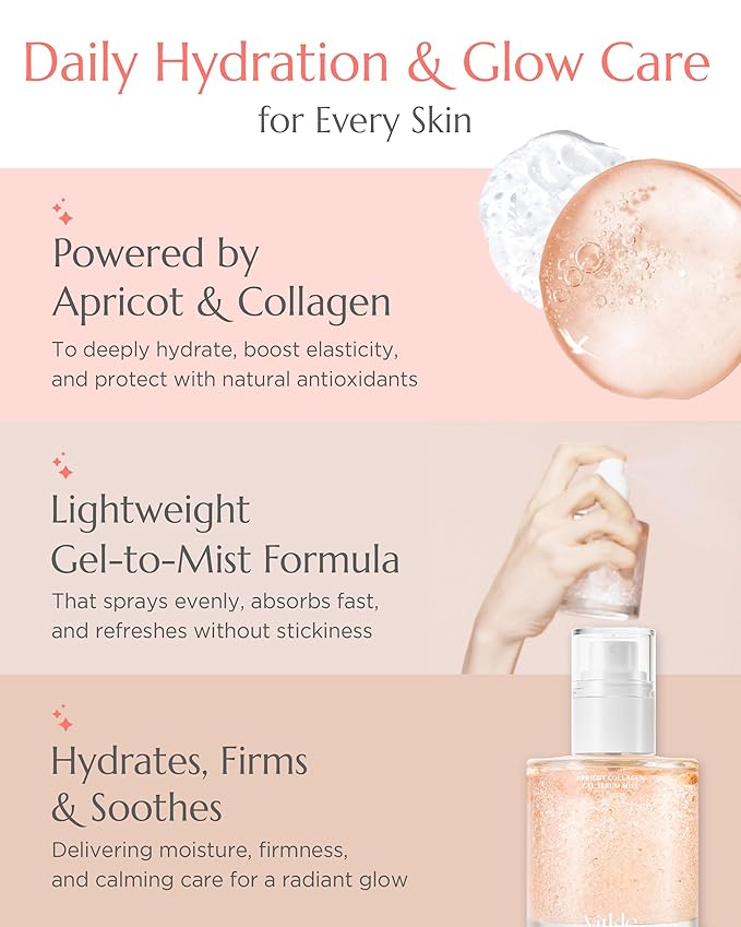 Apricot Collagen Gel Serum Mist Korean Face Moisturizer Spray - 8 Layer Hyaluronic Acid and Bakuchiol - Heart Shape Clear Keychain Refillable Travel Portable Bottle, 6.76 fl.oz