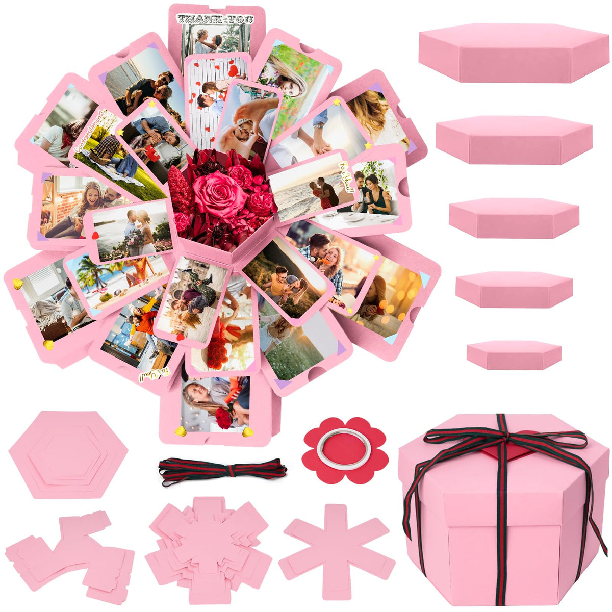 Koogel Explosion Gift Box, Handmade Exploding Photo Album Preassembled Surprise Picture Pop Up Love Box with Creative DIY Scrapbooking Accessories for Anniversary Birthday Wedding