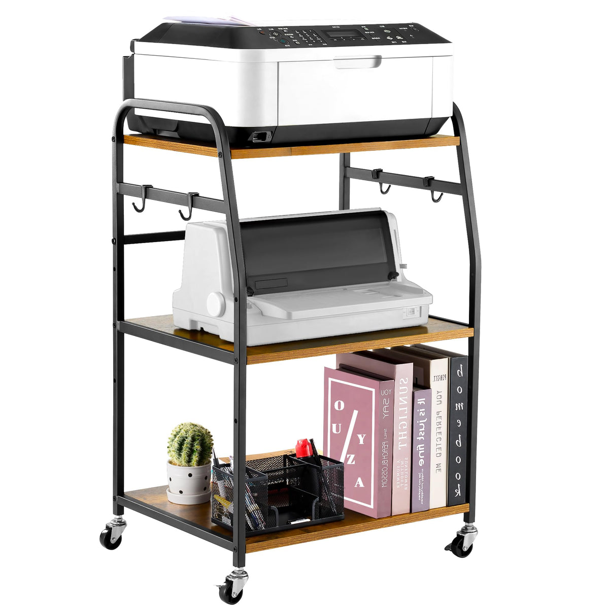 Vividwood Printer Stand - Large 3 Tier Printer Table with Adjustable Storage Shelf - Rolling Cart with Wheels -Stable Desk for Home Office Use (Rustic Brown)