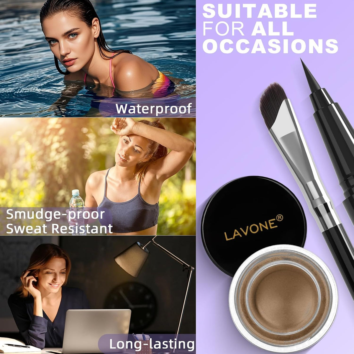 LAVONE Eyeliner Set - Waterproof Makeup Kit with Liquid eyeliner Pencil, Gel Eyeliner & Angled Eye liner Brush, Waterproof, Smudge Resistant, Long Lasting Formula - Taupe