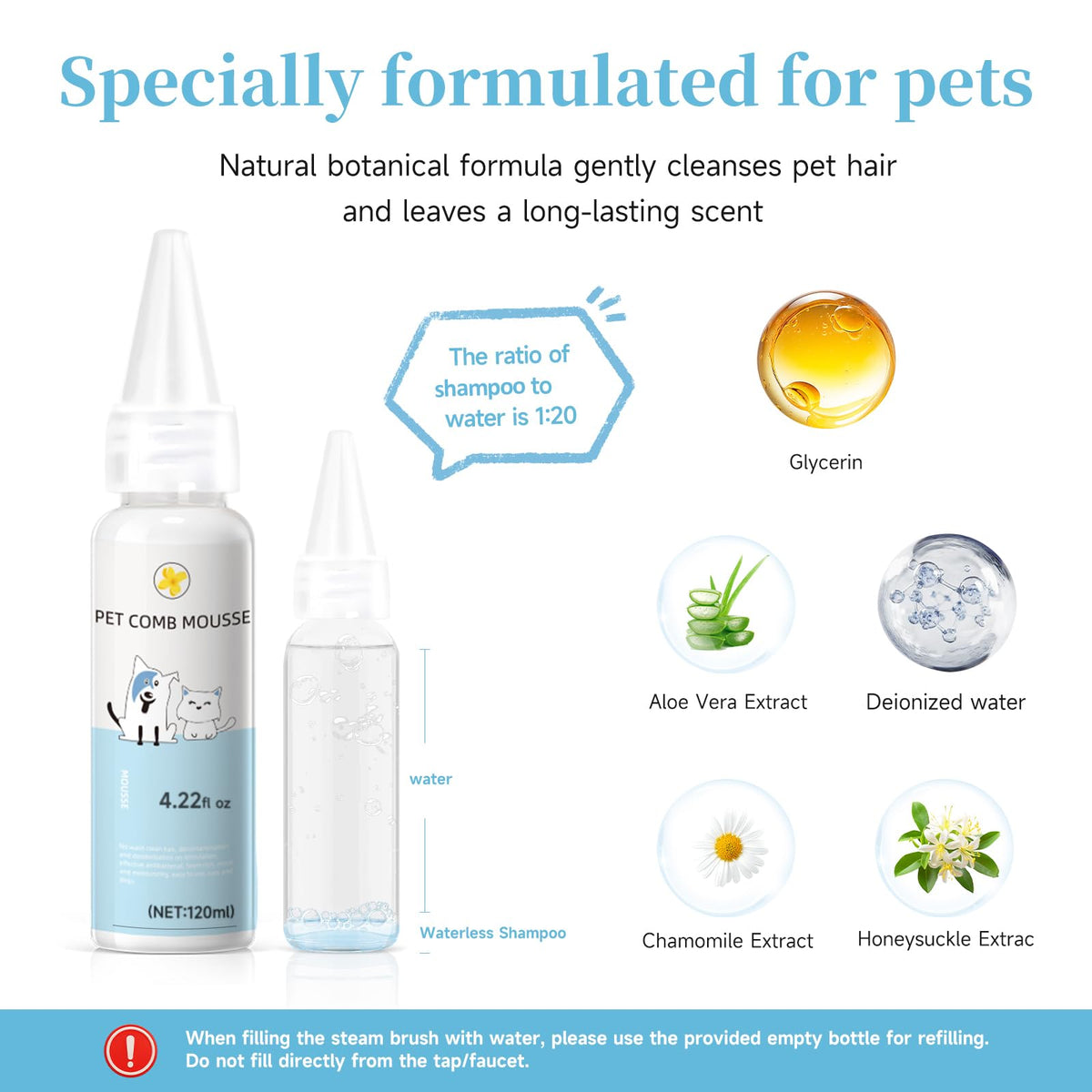 Pet Steam Brush for Dog & Cat – 3-in-1 Spray Hair Removal Comb – Steam for Shedding & Grooming – Water Brush for Long & Short Haired Pets – Spritz Defur Comb – Includes Waterless Shampoo