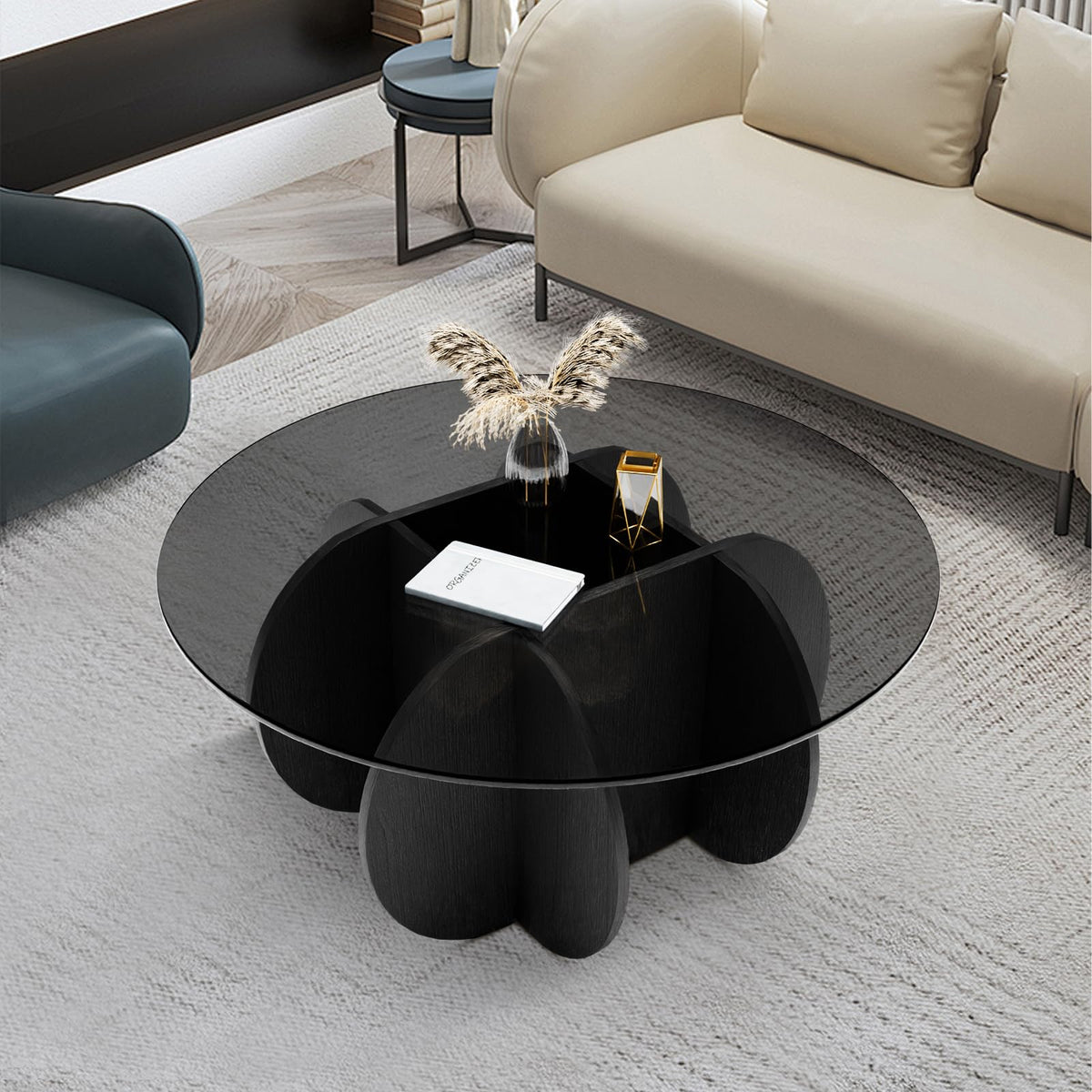 Coffee Table,31.5"Round Glass Coffee Table for Living Room Mid Century Modern Coffee Table Unique Circle Center Table with Wood Base Rustic Accent Center Cocktail Table for Home Small Space（black）