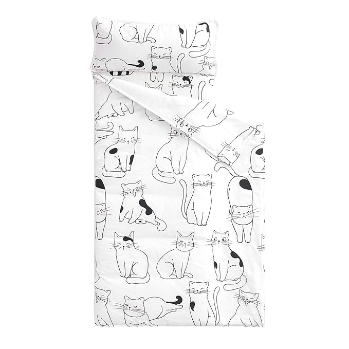 Wake In Cloud - Toddler Nap Mat with Pillow and Blanket, 100% Cotton Fabric, for Kids Boys Girls in Daycare Kindergarten Preschool, Roll Up Sleeping Bag, Black White Cats, Standard