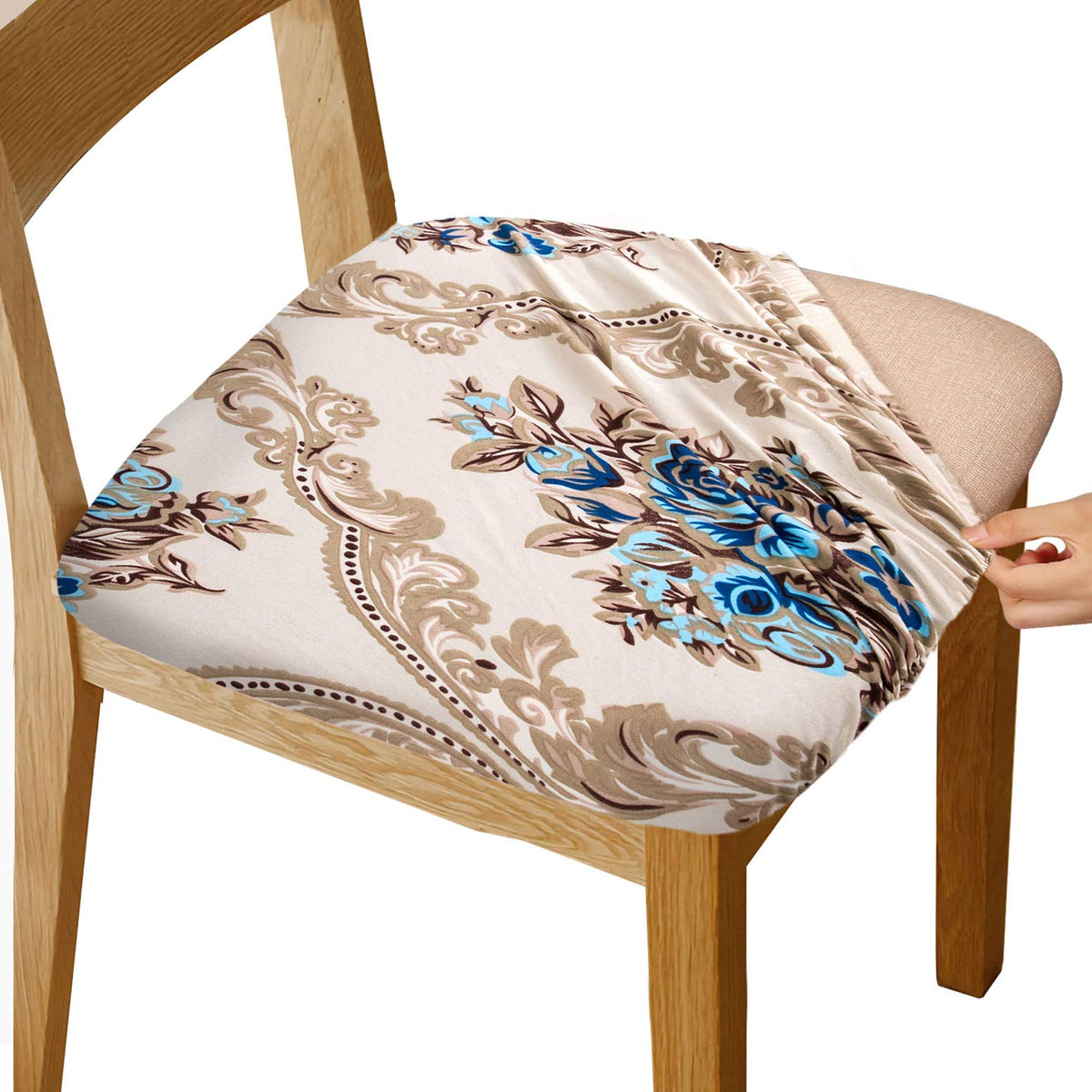 Gute Stretch Printed Chair Seat Covers with Elastic Ties and Button, Removable Washable Dining Upholstered Chair Protector Seat Cushion Slipcovers for Dining Room, Office,Gold 4 Pack