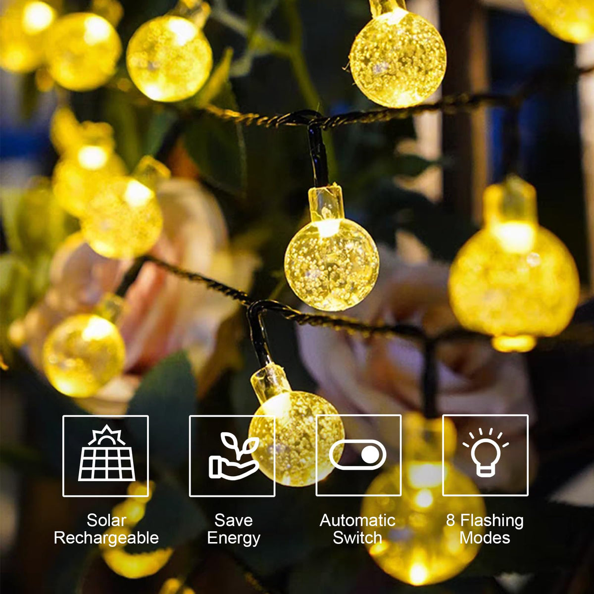 LQWELL® Solar Fairy Lights for Outdoor Garden, Solar Chain Light Crystal Balls 30LED 8M IP44 8 Modes Fairy Lights for Outdoor/Indoor Garden Patio Balcony Wedding Window (Warm White)