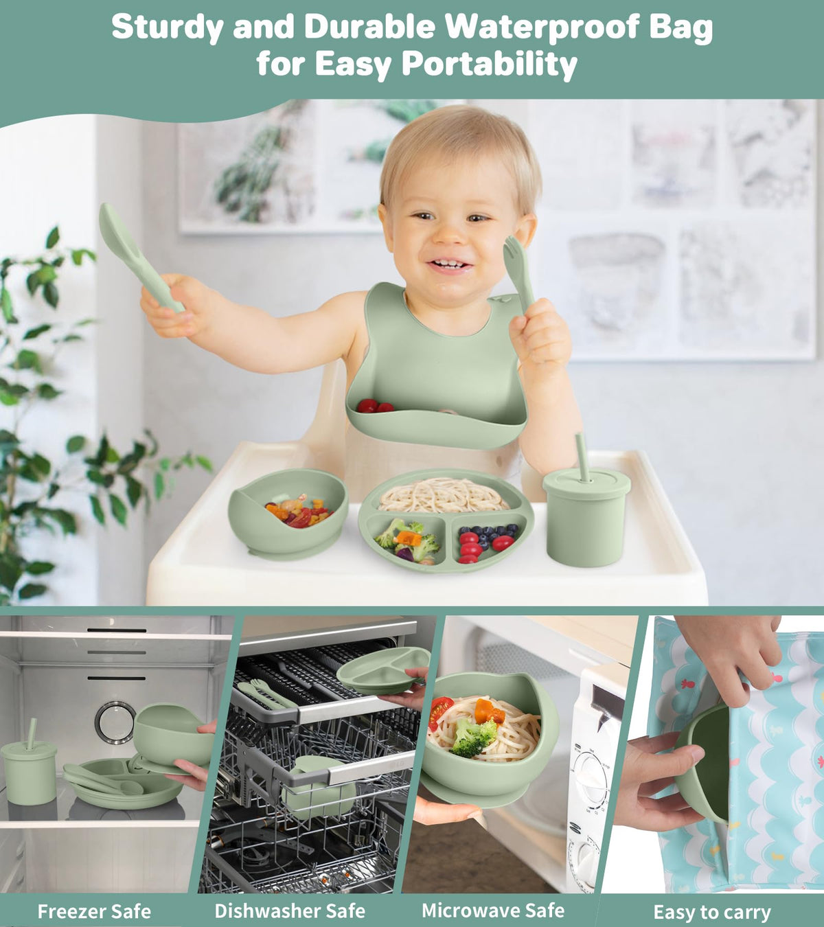 Silicone Baby Feeding Set, 10 Pcs Baby Led Weaning Supplies with Suction Bowl Divided Plate Adjustable Bib Soft Spoon Fork Snack Cup with Lid Drinking Cup, Utensil (Dark Green)