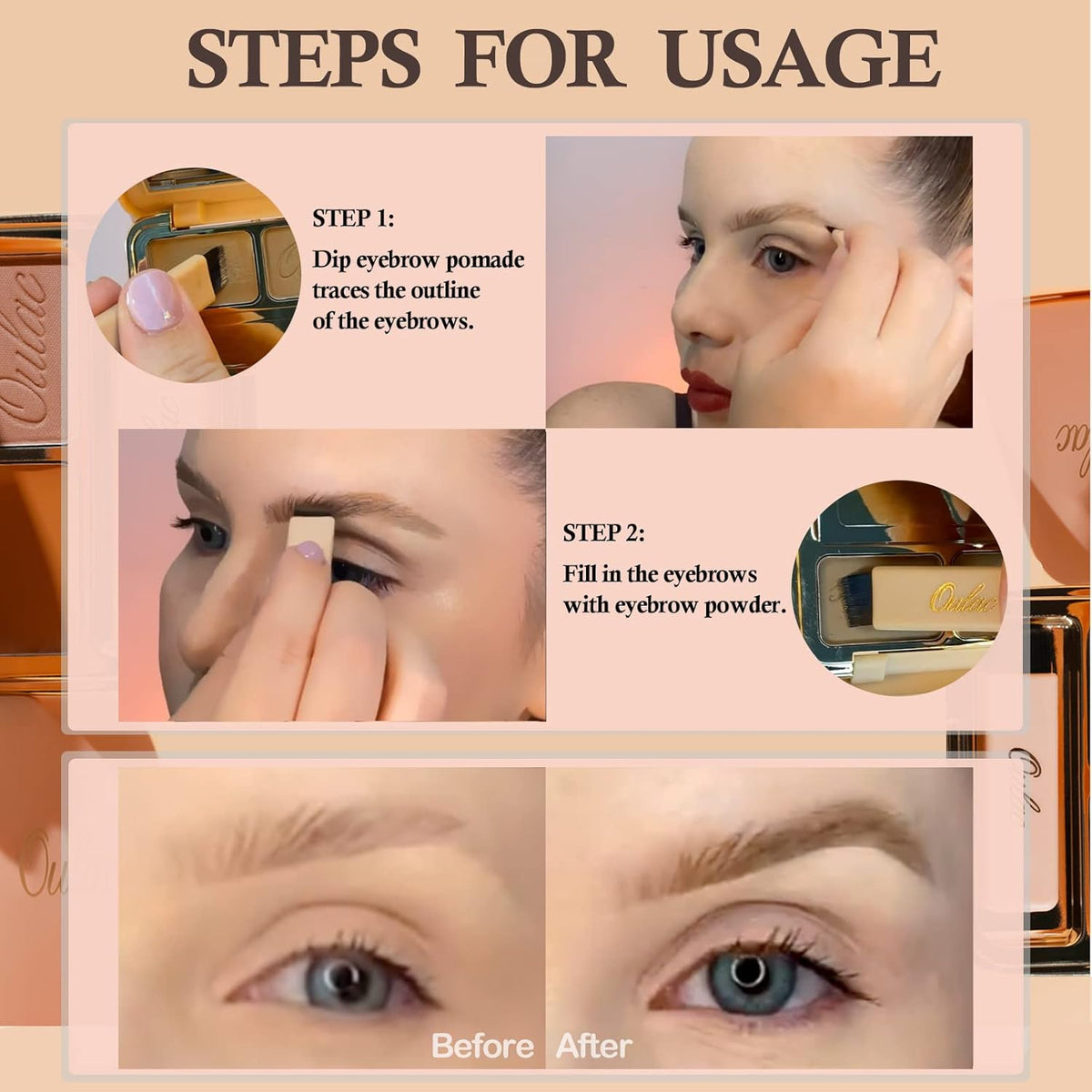 Oulac Waterproof Eyebrow Powder Gray Kit with Brow Brush 2 in1 Long Lasting Instant Eyebrow Pomade & Powder Natural Makeup for Sparse Brows 3.2 g/0.11 oz (Strawburn）