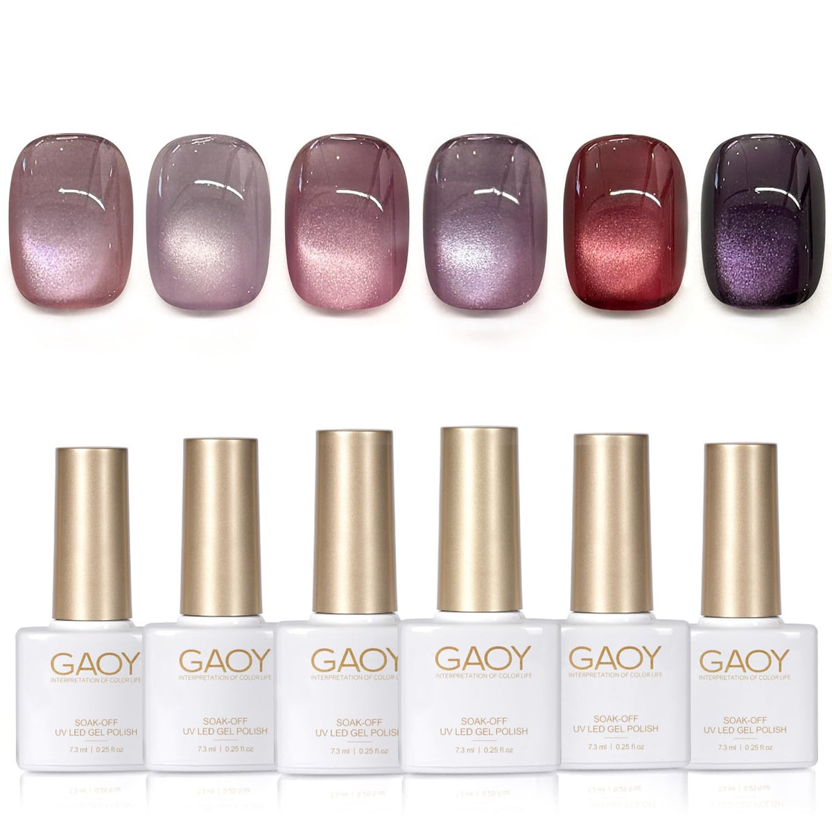 GAOY Purple Cat Eye Gel Polish Set, 6 Cosmic Violet Shades with Magnetic Glitter Effec, Galactic Glitter Gel for Mystic Nail Art