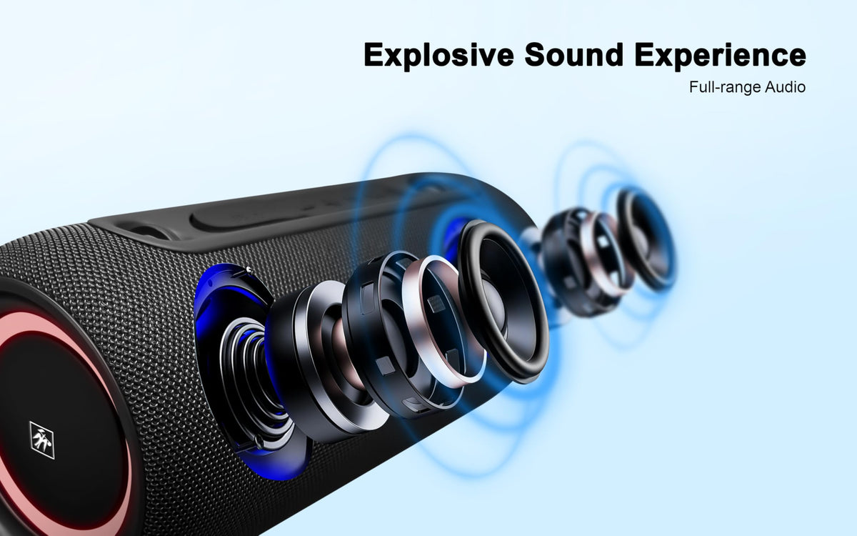 Fisher Portable Bluetooth Speaker IPX5 Waterproof Speaker, 26W PEAK Power Bluetooth Stereo, 7H Playtime, LED Lights, TWS, BT 5.3, Built-in Mic, Hands Free Calling, Wireless Electronics, Home & Outdoor