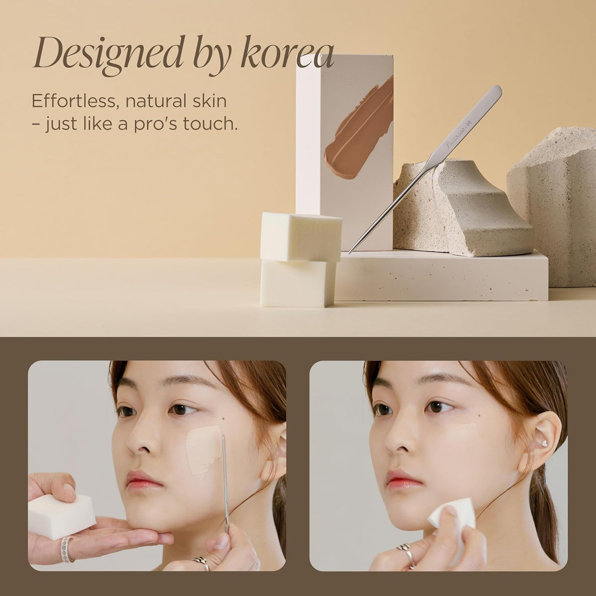 Korean Piccasso Brush Makeup Spatula + Sponge 2P Set – Professional Makeup Tools with Precision Spatula and 2 Soft Sponges, Ideal for Blending Foundation, Cream, or Liquid Makeup