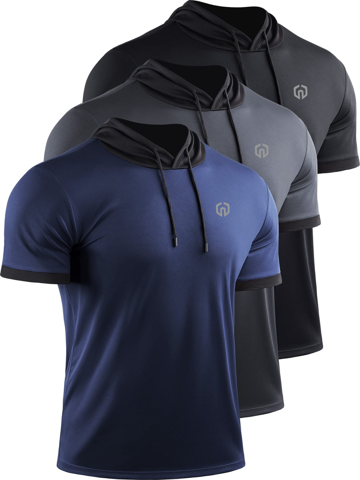 NELEUS Men's Running Shirt Workout Athletic Shirts with Hoodie Pack of 3,5112,Black/Grey/Navy Blue,X-Large