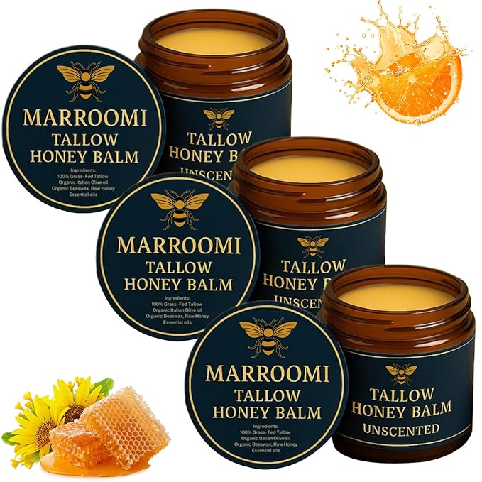 Marroomi Tallow Honey Balm, Advanced Beef Tallow for Skin, Marroomi Organic Grass-Fed Beef Tallow Balm With Raw Honey, Natural Soothing Moisturizing Anti-Aging, Suitable for All Skin Types (3 Bottle)