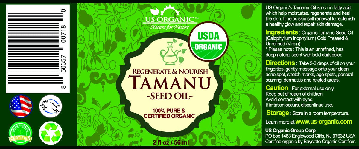 US Organic Tamanu Oil, USDA Certified Organic, 100% Pure Virgin Cold Pressed Unrefined, Dark Green Color, Sourced from Southeast Asia_Improved Cap_2oz (56 ml)
