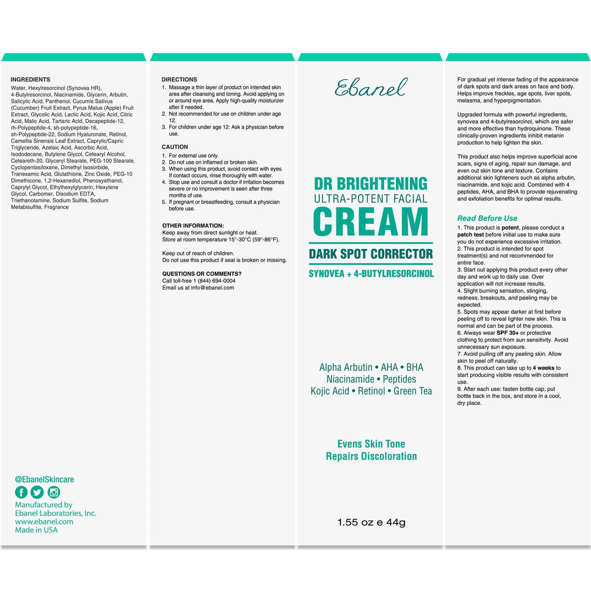 Ebanel Dark Spot Remover for Face & Body, Skin Brightening Cream with Synovea, Alpha Arbutin, Niacinamide, Kojic Acid, Dark Spot Corrector for Hyperpigmentation, Discoloration, Melasma, and Age Spots