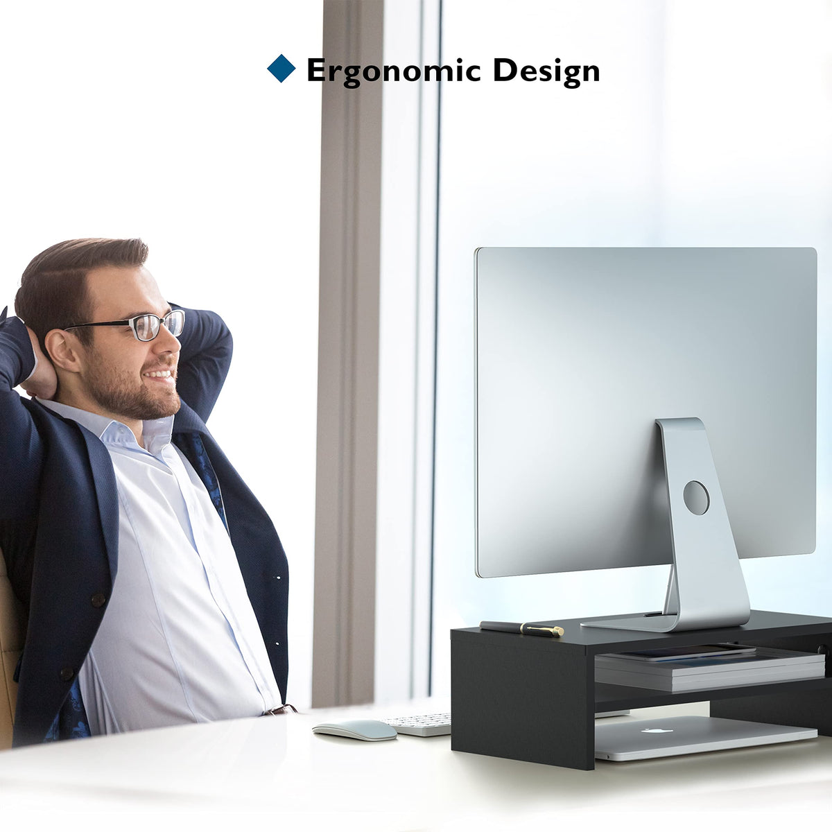 BONTEC Wooden Monitor Stand Riser, 2-Tier Desk Shelf with Storage Organizer, Ergonomic Computer Stand with Cable Management, Cellphone Holder, Black, 16.5 Inch