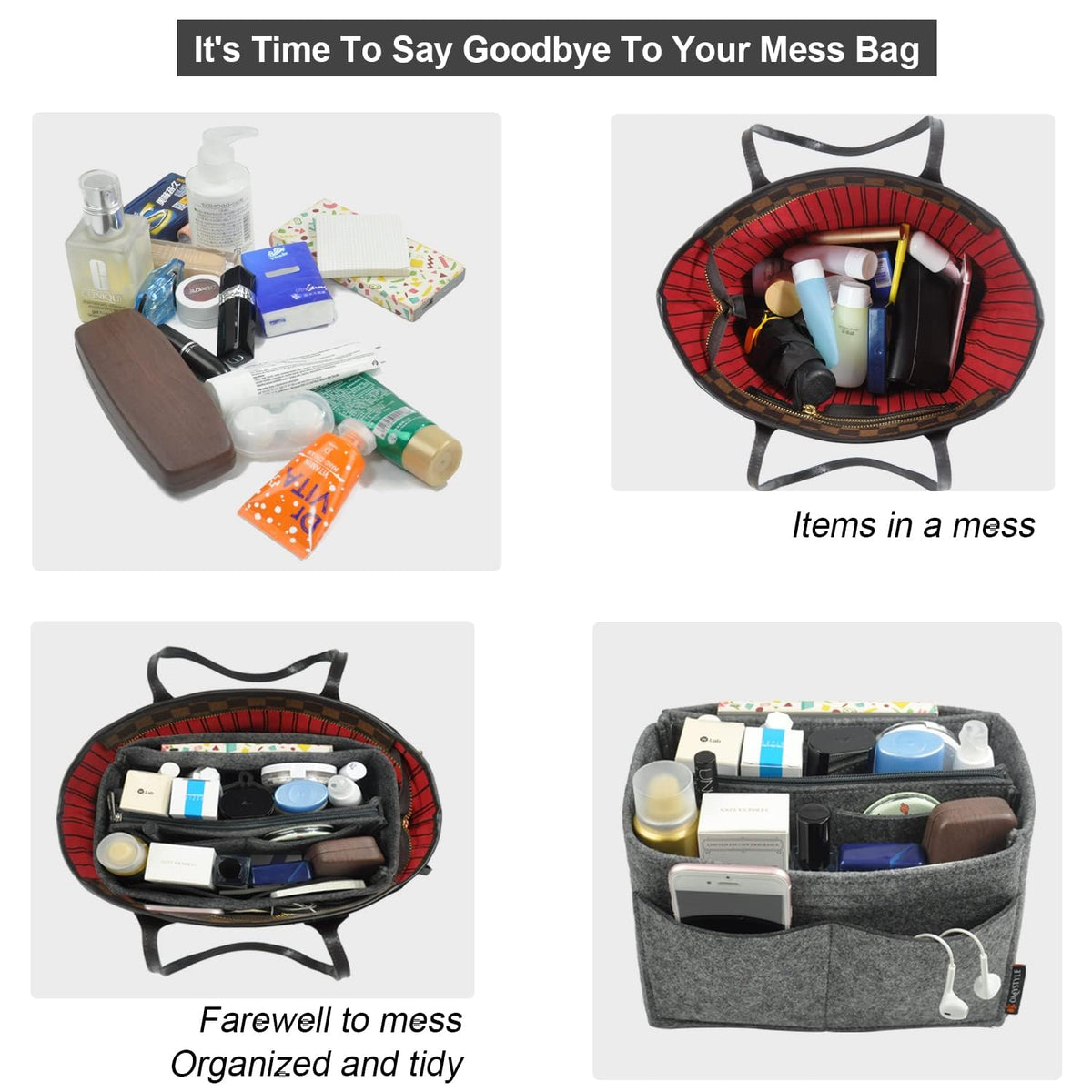 OMYSTYLE Grey Organizer Insert, Felt Tote Bag Organizer Insert with 5 Sizes, Handbag Dividers for Inside Purse, Compatible with Longchamp, Neverful, Speedy and More