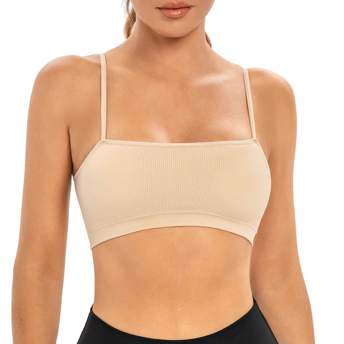INIBUD Sports Bras for Women Bandeau Padded Ribbed Bralette Adjustable Strap Workout Square Neck Seamless Crop Top Backless (l, Black&Wheat&Off White)