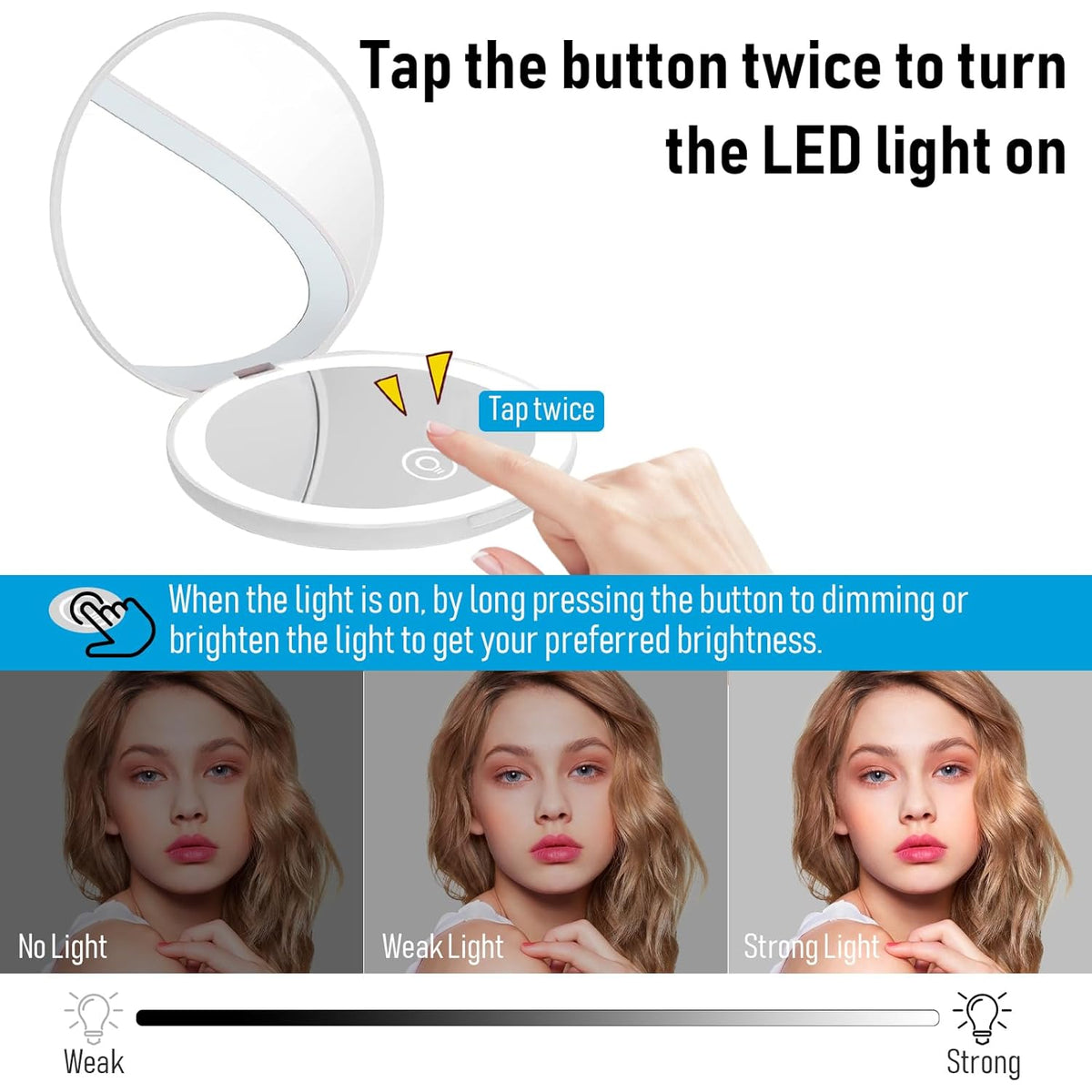 Compact Mirror with LED Light,1x/10x Magnifying Rechargeable Mirror,3.5in, Dimmable Travel Mirror for Purse,Pocket,Handheld 2-Sided Makeup Mirror