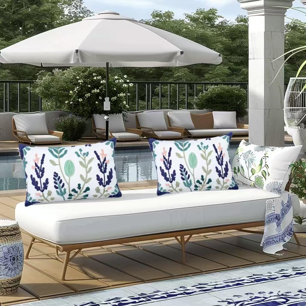 kittmin Summer Embroidered Outdoor Throw Pillow Covers – Set of 2, 12x20 Inch, Cotton, Botanical Floral Cushion Cases, Blue & Green Decorative Lumbar Pillows for Patio, Sofa, Bed & Couch(Leaf)