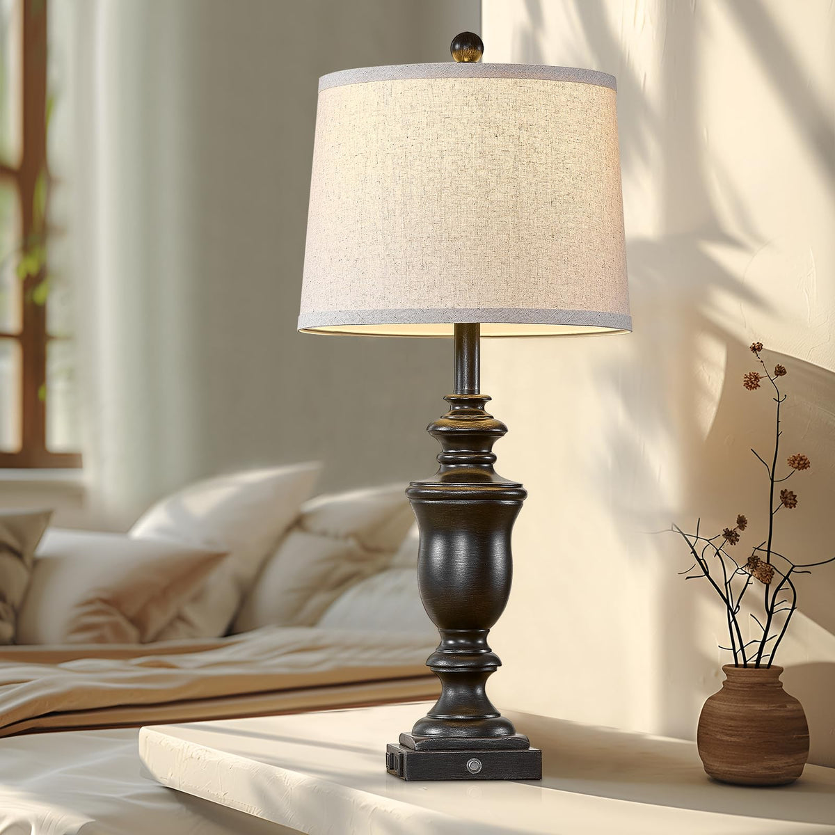 SAIWEYA 27.5" Set of 2 Farmhouse Table Lamps for Bedroom, 3 Way Dimmable Bedside Lamp with 2 USB +AC Outlet Nightstand Lamps for Living Room Resin Rustic Touch Lamps (Antique Black)