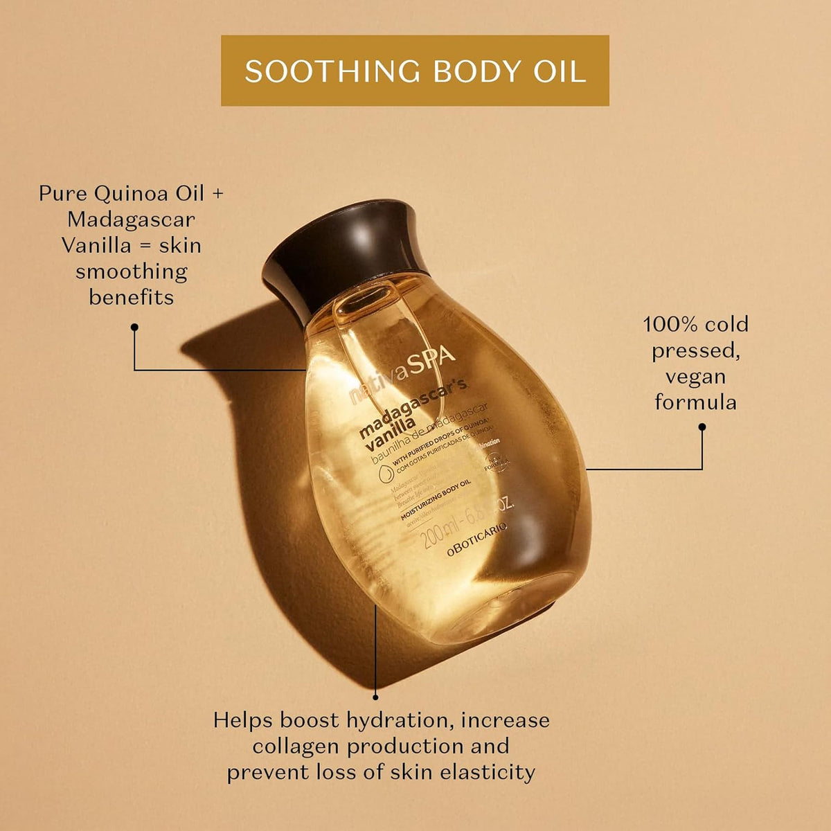 Nativa SPA by O Boticário, Madagascar Vanilla Body Oil, Soothing & Moisturizing, 6.8 Ounce