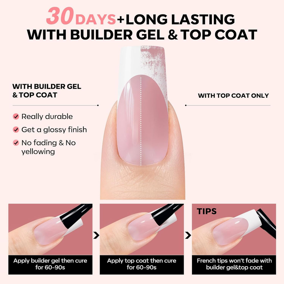 Gel Nail Kit, Top Coat, Nail Builder Gel and Nail Glue for Nail Tips, Press On Nails Kit with LED Light, 150 PCS Long Pink Square, 15 Sizes French Tip Press on Nails