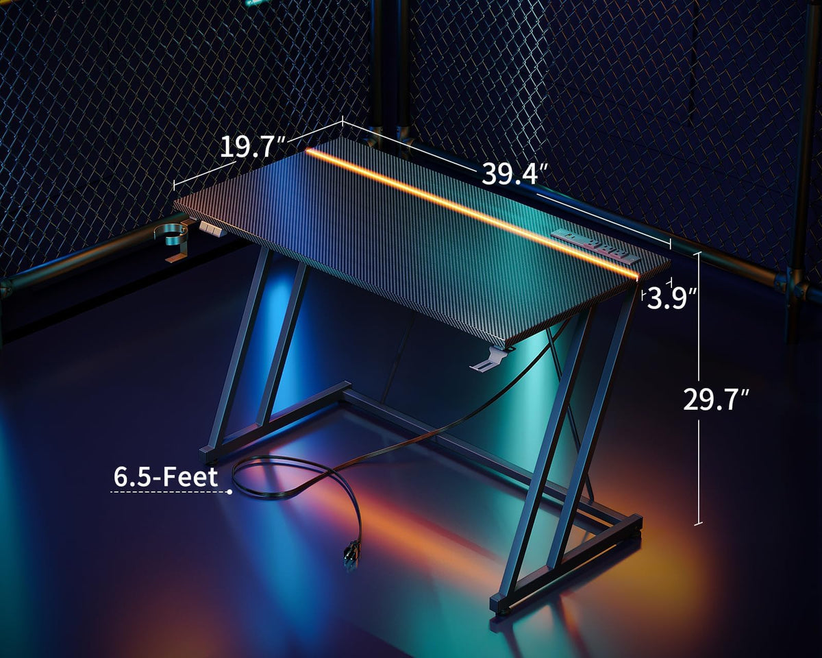MOTPK 39 Inch Small Gaming Desk with LED Lights & Power Outlet, Computer Desk for Small Space, Gaming Table with Carbon Fiber Texture, Kids Desk Gift for Boys Men, Black