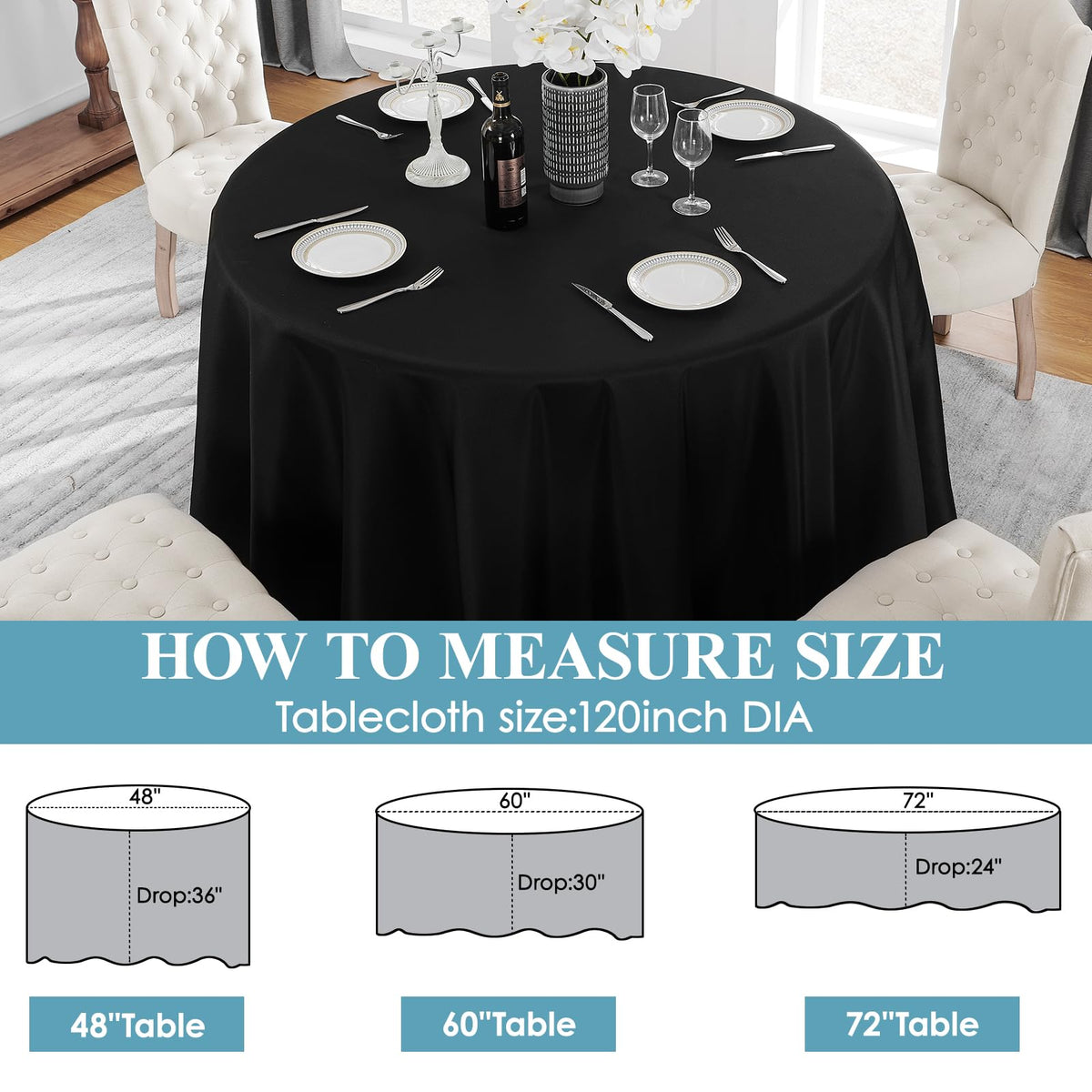 Vidafete 2 Pack 120inch Round Tablecloth Polyester Table Cloth，Stain Resistant and Wrinkle Polyester Dining Table Cover for Kitchen Dinning Party Wedding Rectangular Tabletop Buffet Decoration (Black)
