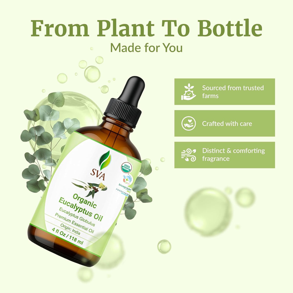 SVA Eucalyptus Essential Oil Organic – 4 Fl Oz – 100% Natural Organic Eucalyptus Oil - for Diffuser, Hair, Face, Skin Care, Aromatherapy, Scalp and Body Massage, Soap and Candle Making - with Dropper