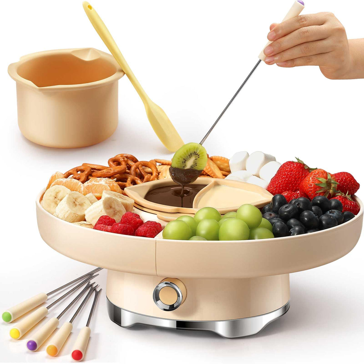 LUSHYUM Chocolate Fondue Pot Set Electric Melting Machine, 4-Cup Capacity 4 Trays 5 Forks 1 Spatula Cheese Warmer, Ideal Gift for Couple Family & Date Night Idea House Warming Holidays Essentials