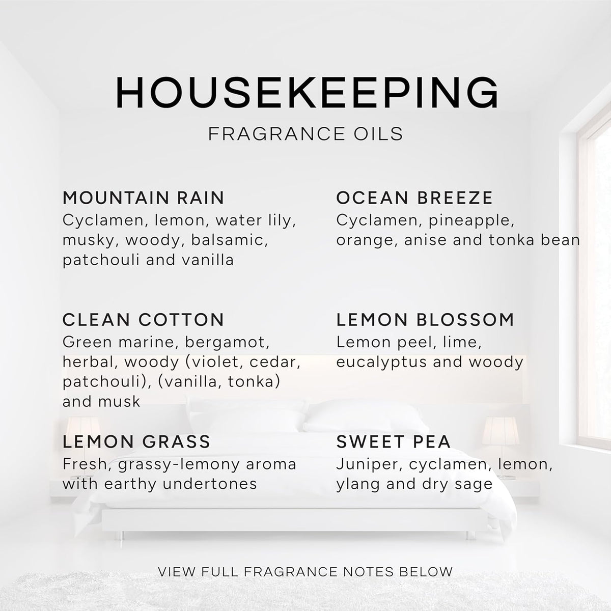 Eternal Essence Oils Housekeeping Set of 6 Premium Fragrance Oils - Includes Clean Cotton, Lemon Blossom, Lemon Grass, Sweet Pea, Ocean Breeze and Mountain Rain Scented Oils - 10ML
