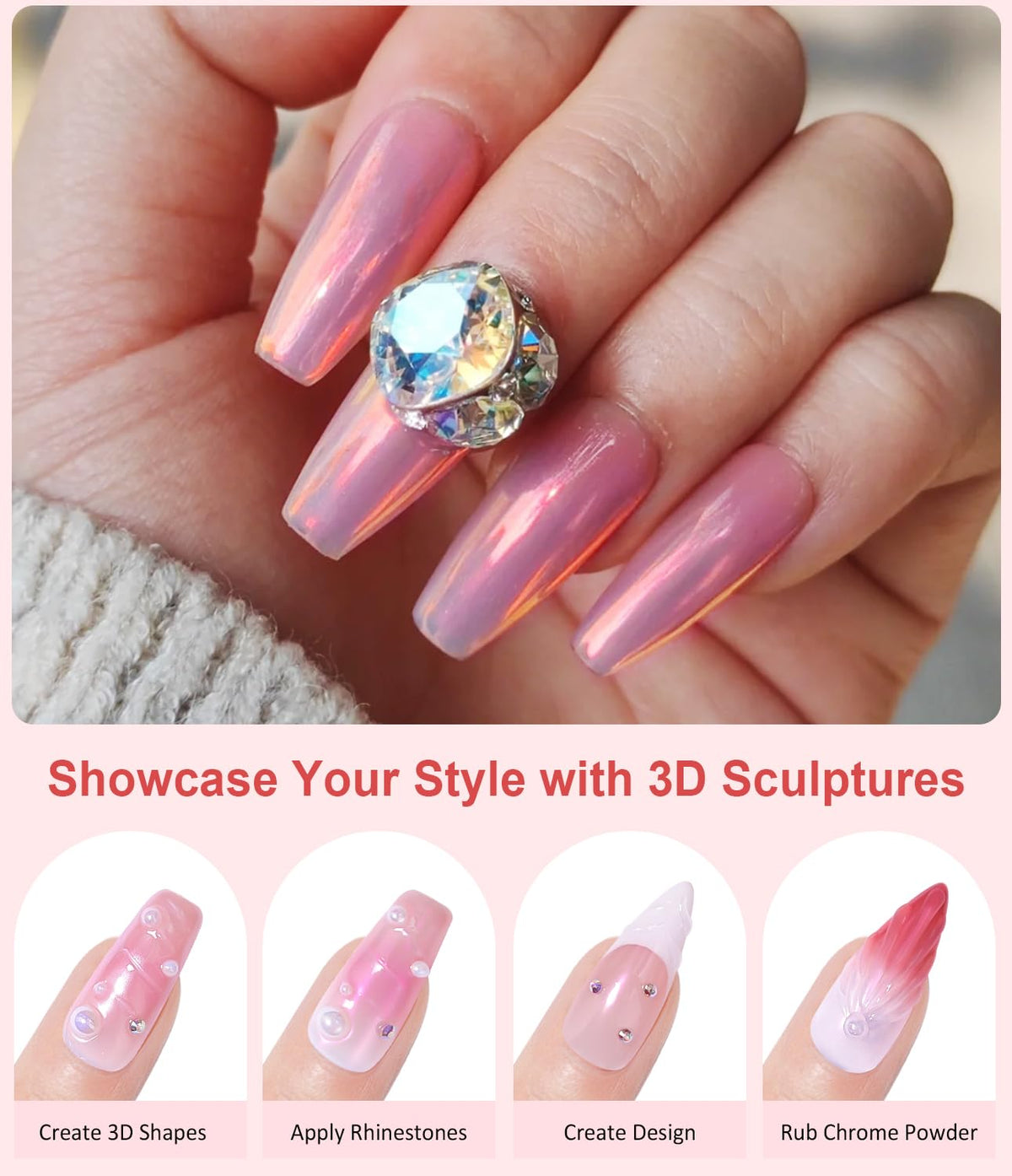 Pearl Chrome Nail Powder BISHENGYF -【Fairy Effect】 Pink Chrome Nail Powder White Pearlesent Aurora Mermaid Iridescent Nail Chrome Powder, Metallic Mirror Glitter Pigment Dust for Nail Art DIY 2PCS